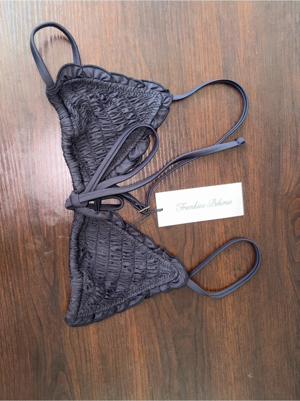 Frankie's Bikinis Black Smocked Triangle swim Top